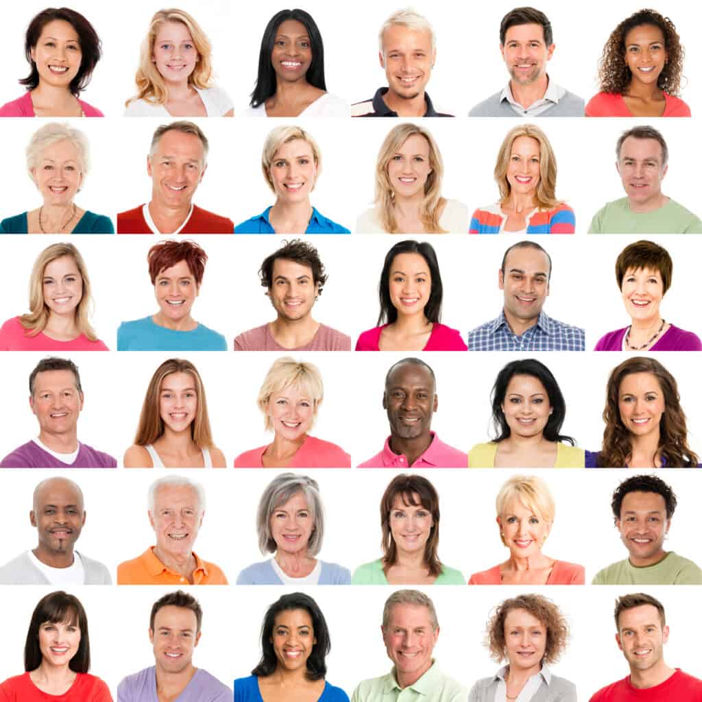 Portraits of diverse multiracial people smiling. Faces of the world. Humanity. Human kind. 36 different people on white background.